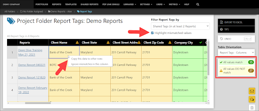 Screenshot of the new Report Tag Matrix functionality